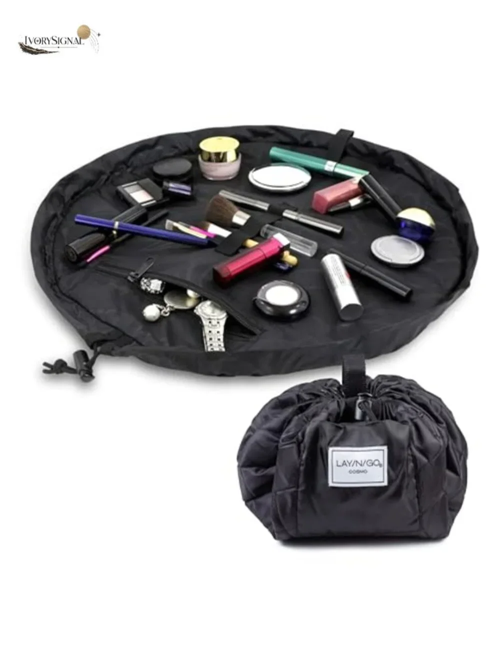 Makeup Bag Organizer - Layflat Drawstring Travel Cosmetic Case with Brush
